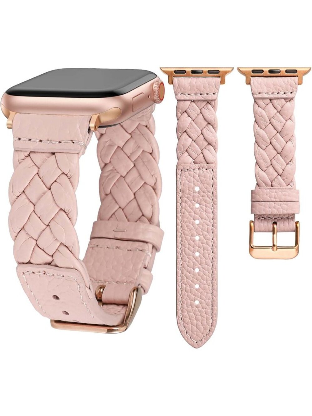 Women's Pink/Rose Gold Braided Leather Strap Compatible with Apple Wrist Watch